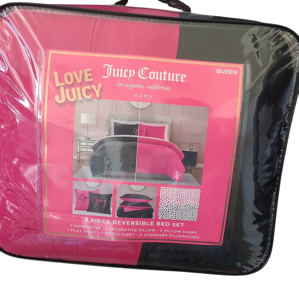 Juicy Couture Pink and Black Reversible Bed Set - Queen
